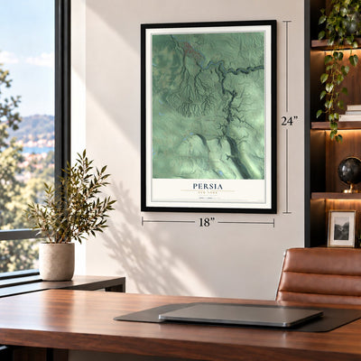 Persia, New York map, 18 x 24 inch print in a black frame in a home office