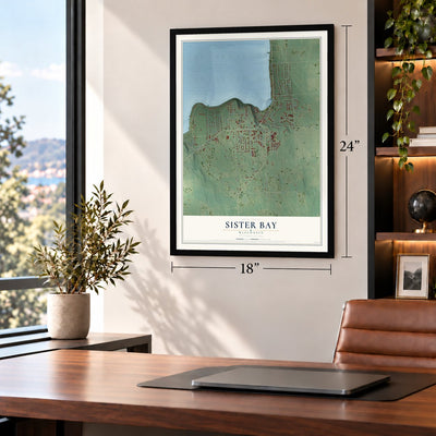 Sister Bay, Wisconsin map, 18 x 24 inch print in a black frame in a home office