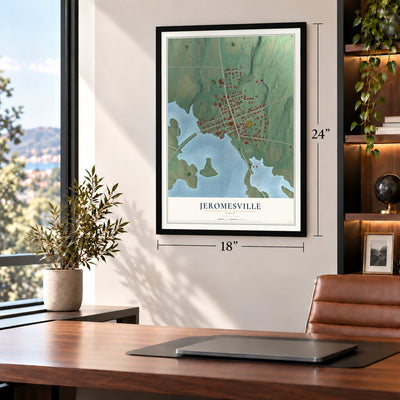 Jeromesville, Ohio map, 18 x 24 inch print in a black frame in a home office