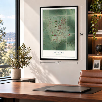 Palmyra, Nebraska map, 18 x 24 inch print in a black frame in a home office