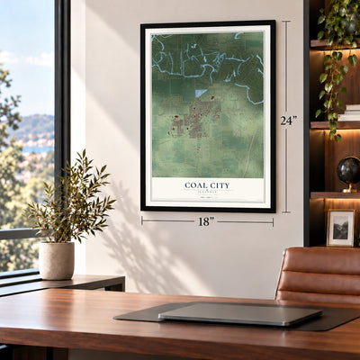 Coal City, Illinois map, 18 x 24 inch print in a black frame in a home office