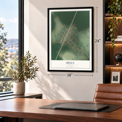 Melfa, Virginia map, 18 x 24 inch print in a black frame in a home office