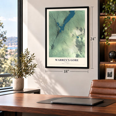 Warren's Gore, Vermont map, 18 x 24 inch print in a black frame in a home office