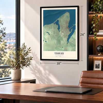 Tisbury, Massachusetts map, 18 x 24 inch print in a black frame in a home office