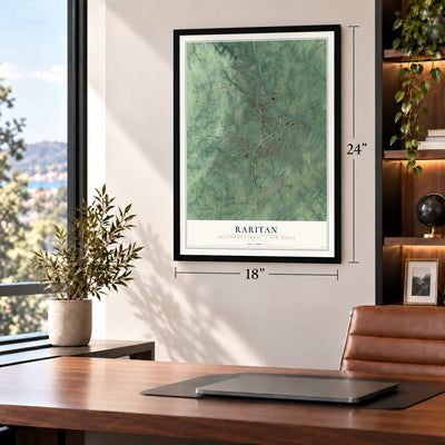 Raritan, Hunterdon County, New Jersey map, 18 x 24 inch print in a black frame in a home office
