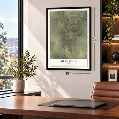 Shamrock, Texas map, 18 x 24 inch print in a black frame in a home office