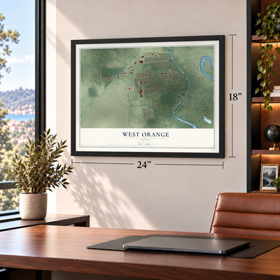 West Orange, Texas map, 18 x 24 inch print in a black frame in a home office