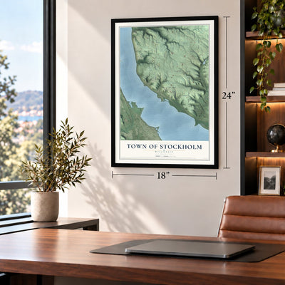 Town of Stockholm, Wisconsin map, 18 x 24 inch print in a black frame in a home office
