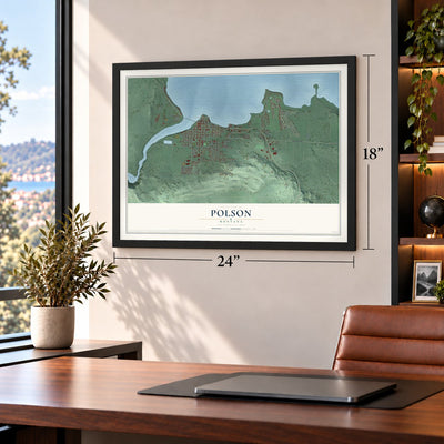 Polson, Montana map, 18 x 24 inch print in a black frame in a home office
