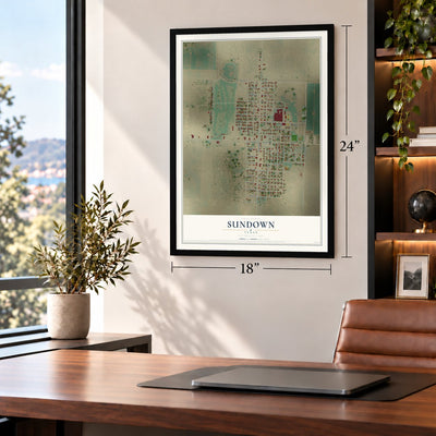 Sundown, Texas map, 18 x 24 inch print in a black frame in a home office