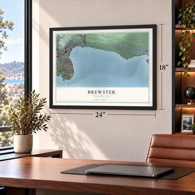 Brewster, Washington map, 18 x 24 inch print in a black frame in a home office