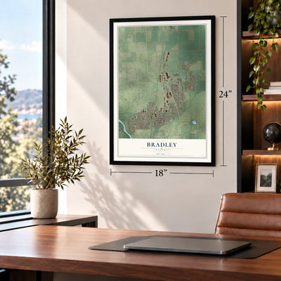 Bradley, Illinois map, 18 x 24 inch print in a black frame in a home office
