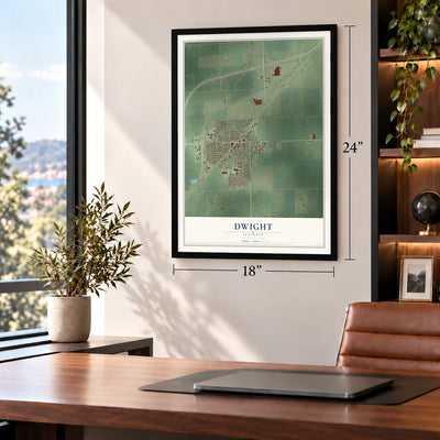 Dwight, Illinois map, 18 x 24 inch print in a black frame in a home office