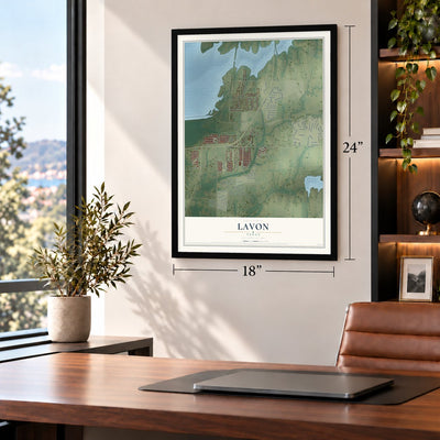Lavon, Texas map, 18 x 24 inch print in a black frame in a home office