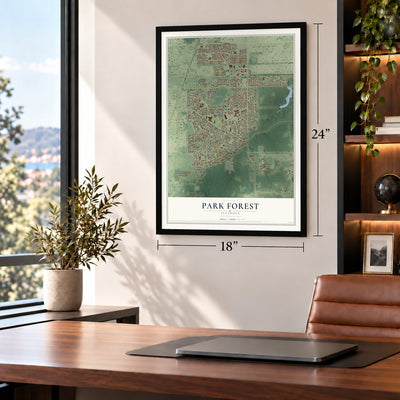 Park Forest, Illinois map, 18 x 24 inch print in a black frame in a home office