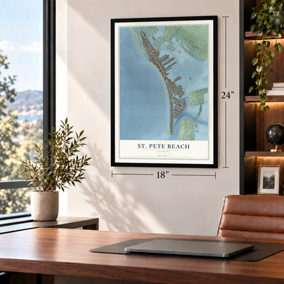 St. Pete Beach, Florida map, 18 x 24 inch print in a black frame in a home office