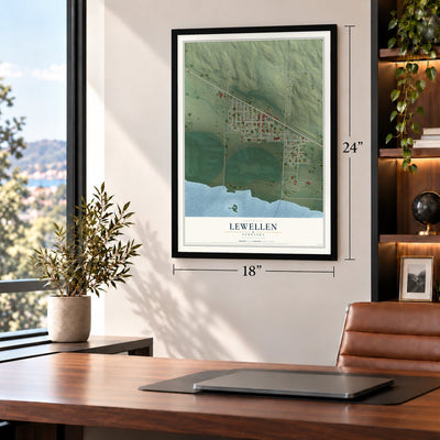 Lewellen, Nebraska map, 18 x 24 inch print in a black frame in a home office