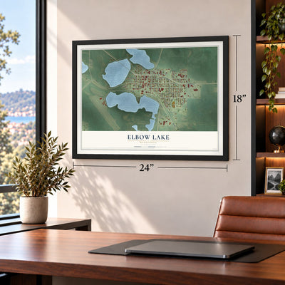 Elbow Lake, Minnesota map, 18 x 24 inch print in a black frame in a home office