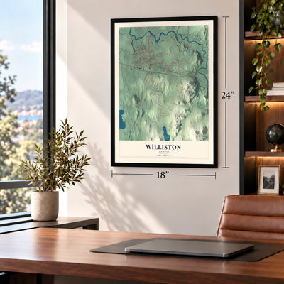 Williston, Vermont map, 18 x 24 inch print in a black frame in a home office