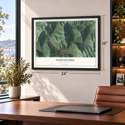 Northfork, West Virginia map, 18 x 24 inch print in a black frame in a home office