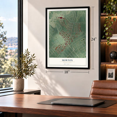 Morton, Pennsylvania map, 18 x 24 inch print in a black frame in a home office