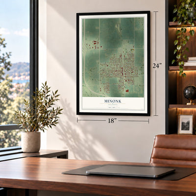 Minonk, Illinois map, 18 x 24 inch print in a black frame in a home office