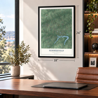 Summerfield, North Carolina map, 18 x 24 inch print in a black frame in a home office