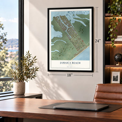 Jamaica Beach, Texas map, 18 x 24 inch print in a black frame in a home office