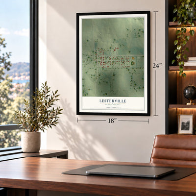 Lesterville, South Dakota map, 18 x 24 inch print in a black frame in a home office
