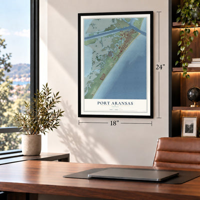 Port Aransas, Texas map, 18 x 24 inch print in a black frame in a home office