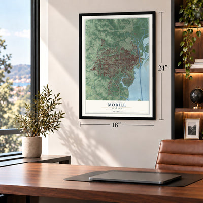 Mobile, Alabama map, 18 x 24 inch print in a black frame in a home office