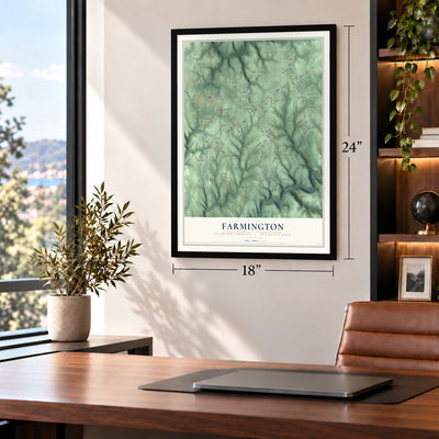 Farmington, Clarion County, Pennsylvania map, 18 x 24 inch print in a black frame in a home office