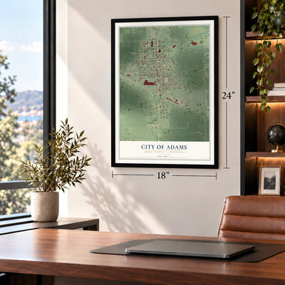Adams, Wisconsin map, 18 x 24 inch print in a black frame in a home office