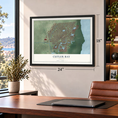 Cutler Bay, Florida map, 18 x 24 inch print in a black frame in a home office