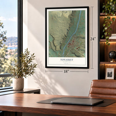 Tonasket, Washington map, 18 x 24 inch print in a black frame in a home office
