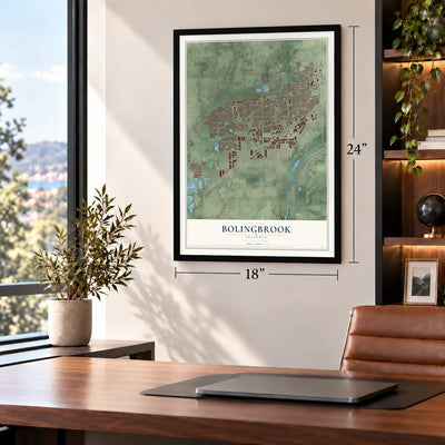 Bolingbrook, Illinois map, 18 x 24 inch print in a black frame in a home office