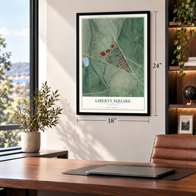 Liberty Square, Maryland map, 18 x 24 inch print in a black frame in a home office