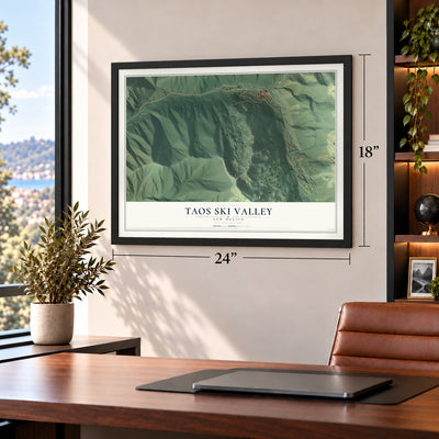 Taos Ski Valley, New Mexico map, 18 x 24 inch print in a black frame in a home office