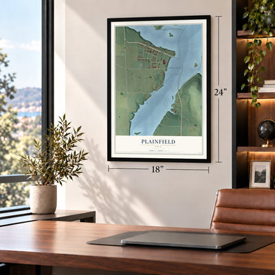 Plainfield, Ohio map, 18 x 24 inch print in a black frame in a home office