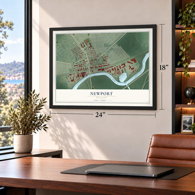 Newport, Delaware map, 18 x 24 inch print in a black frame in a home office