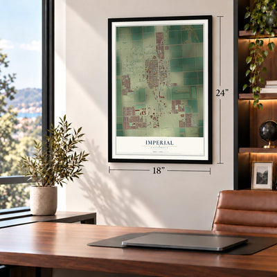 Imperial, California map, 18 x 24 inch print in a black frame in a home office