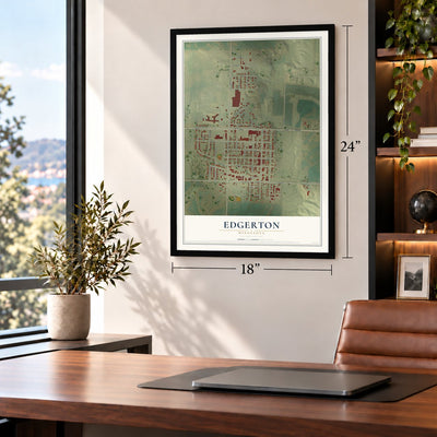 Edgerton, Minnesota map, 18 x 24 inch print in a black frame in a home office