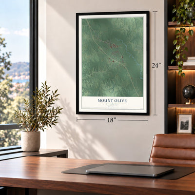 Mount Olive, Mississippi map, 18 x 24 inch print in a black frame in a home office