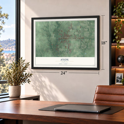 Avon, Indiana map, 18 x 24 inch print in a black frame in a home office