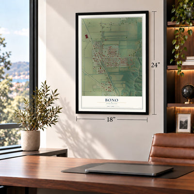 Bono, Arkansas map, 18 x 24 inch print in a black frame in a home office