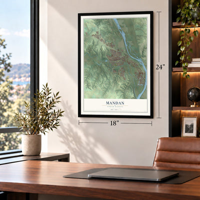 Mandan, North Dakota map, 18 x 24 inch print in a black frame in a home office