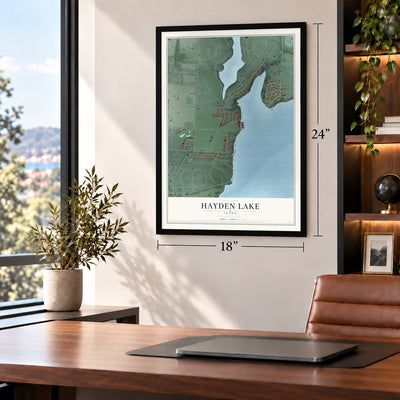 Hayden Lake, Idaho map, 18 x 24 inch print in a black frame in a home office
