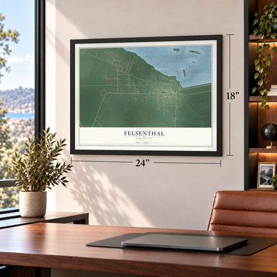 Felsenthal, Arkansas map, 18 x 24 inch print in a black frame in a home office