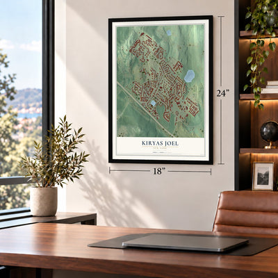Kiryas Joel, New York map, 18 x 24 inch print in a black frame in a home office