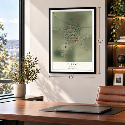 Holland, Missouri map, 18 x 24 inch print in a black frame in a home office